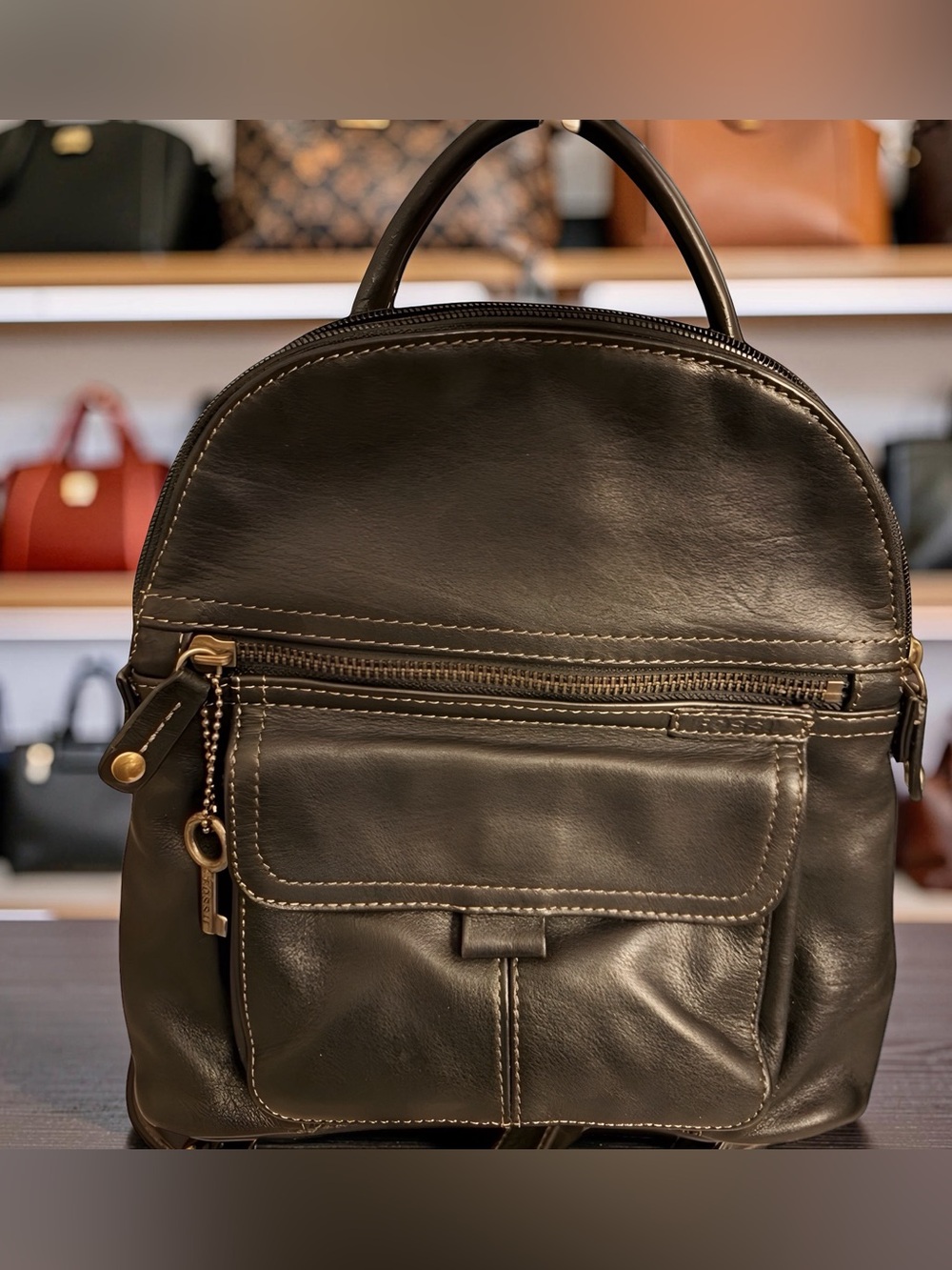 Fossil Black Leather Mini Backpack with Front Pocket with Signature key charm